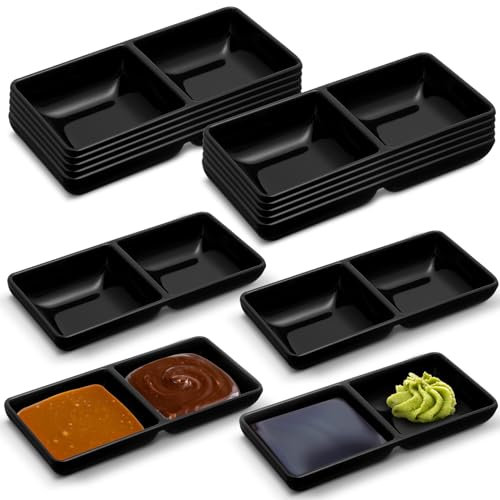 Gejoy 12 Stück Dual Dip-Saucenschalen, Sojasaucenschalen, zwei Fächer, Party-Tabletts, geteilte Fondueteller für Restaurant, Küche, Sushi, Soja, Schwarz