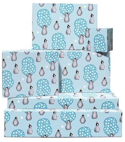 Pinguin-Geschenkpapier für Jungen – 8 Jahre – 6 Bögen blaues Geschenkpapier – Geschenkpapier zum 8. Geburtstag – mit Aufklebern – recycelbar – von Central 23
