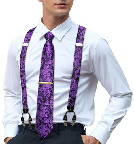 Hi-Tie Men's Suspenders and Tie Set Silk Adjustable Elastic Y Braces with Strong 6 Clips Pocket Square Set