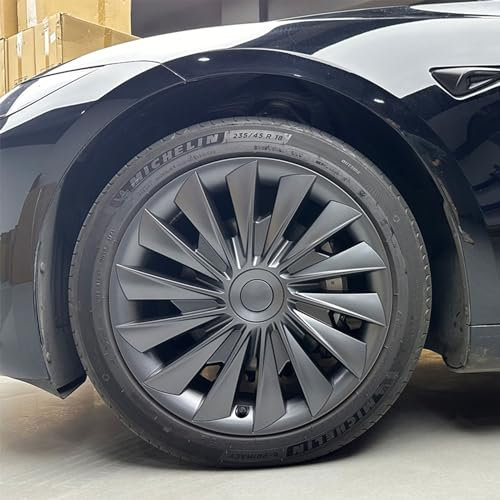 KAVANIC passt 2025 Model 3 Highland Radabdeckung 18 Zoll 4 Stück ABS Felgenschutzabdeckung passt 2023-2025 Model 3 Highland Ersatz Straight Blade Style Mattschwarz Support Logo