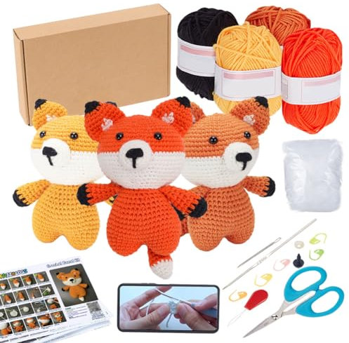 FREEBLOSS Einsteiger Häkelset für Anfänger - Fuchs Crochet Set Mit Schritt für Schritt Videoanleitung - Häkeln Lernen Mit Tieren
