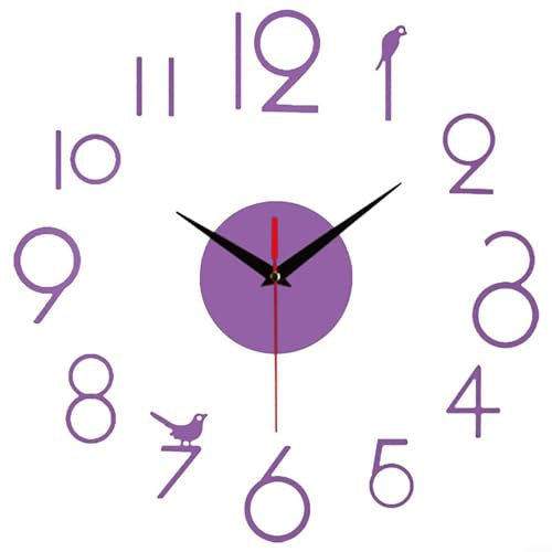 Emiif Reloj de pared 3D sin marco, números arábigos modernos en 3D, espejo acrílico adhesivo, reloj de pared silencioso para decoración del hogar, oficina, sala de estar, dormitorio (morado)