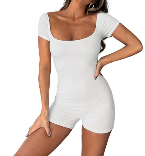 RoomTour Damen Jumpsuit Kurze Ärmel Quadratischer Ausschnitt Bodycon Yoga Training Romper Workout Bodysuit 1-Weiß S