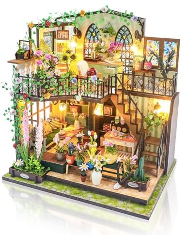 Cuteefun DIY Miniatur Haus Puppenhaus, Holzpuppenhaus mit LED, Winziges Haus Bausatz für Erwachsene zum Bauen, Einzigartiges Geschenk zum Geburtstag Weihnachten(Gewächshaus)