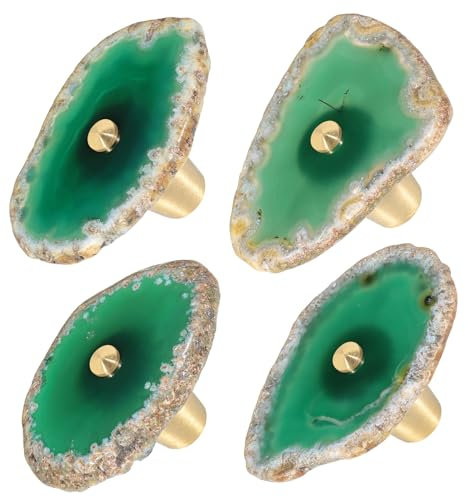 Mookaitedecor Set of 4 Green Agate Crystal Drawer Knobs with Screws, Irregular Green Crystal Stone Handles Pulls for Cupboard Cabinet Wardrobe Kitchen Unique Decorative Furniture Brass Knobs
