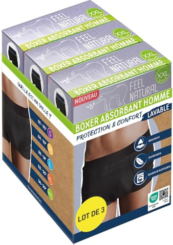 Pack 3 Boxer Anti Fuite Homme Protection et Confort Lavable - Taille XXL - Protection Urinaire Homme - Boxer Absorbant Confortable et Discret - Conçu pour Les Fuites Urinaires Adultes - Feel Natural