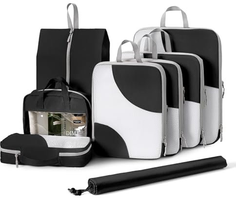 DIMJ Packing Cubes Koffer Organizer - Packwürfel für Kleidung, Kofferorganizer für Rucksack, Travel Essentials Kofferorganizer Compression für Koffer, Packtaschen Set, 8 Stück(Schwarz)