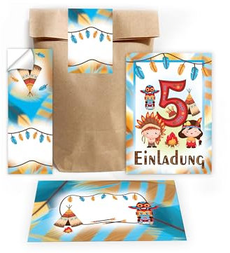 Limonia 12 Einladungskarten zum 5. Kindergeburtstag Einladung Set Geburtstag Mädchen Kinder Jungs Jungen Boys Geschenktüte inkl. 12 Umschläge, 12 Tüten, 12 Aufkleber Indianer Indianerdorf Tipi Powwow