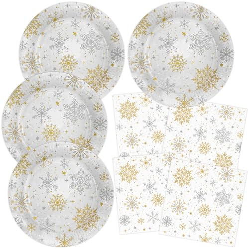 HNH Assiettes de Noël, Flocon de neige Lot de 40 Serviettes en papier de table Vaisselle de fête jetables pour Noël