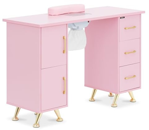 physa Mesa para manicura rosa/dorada con succión de polvo 3 cajones reposamanos Mesa para uñas Mesa de uñas con aspiradora Mesa para hacer uñas Mesa para salón de uñas