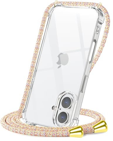 CAROKI Crossbody Case for iPhone 16,Necklace Mobile Phone Cover with Cord Strap Clear Transparent TPU Soft iPhone 16 Cover Holder with Neck Cord Lanyard Strap-Rainbow