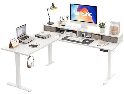 Agilestic L-förmiger elektrischer Stehschreibtisch mit 2 Schubladen, 160 cm ergonomischer höhenverstellbarer Schreibtisch mit Stauraum, Eckschreibtisch für Home Office,weiß