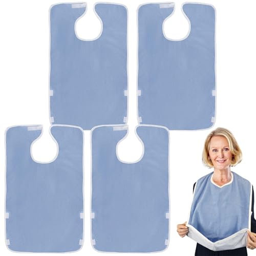 Lot de 4 bavoirs pour adultes - Imperméables - Réutilisables - Lavables - Avec fermeture Velcro - Imperméables - Protection des vêtements pour personnes âgées et handicapées, bleu, L