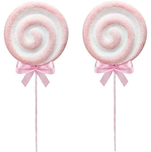 Pack of 2 Christmas Peppermint Candy Picks - 16.5'' Large Vortex Lollipop Candy Ornaments for Christmas Tree Topper Vase Fillers Holiday Home Decorations (Pink)