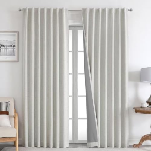 Joydeco Blackout Thermal Lined Curtains 66x90 Inch Drop 2 Panels with Back Tabs & Rod Pocket, 100% Light Blocking Linen Texture Fabric Curtain Drapes for Living Room Bedroom