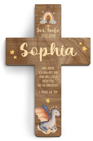 Kartenmachen.de Taufkreuz personalisiert aus Holz Taufgeschenk Mädchen Junge 13x20cm - kleiner Drache - Walnussholz Look