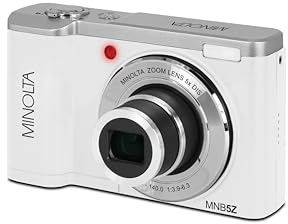 Minolta 56MP Dual Lens Digital Camera – 5X Optical Zoom, 5K Ultra HD Video, CMOS Sensor, 2.8-inch LCD Screen, Stabilization, Selfie Lens, 32GB Card, Rechargeable Battery (White)