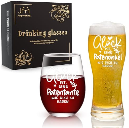Joymaking Weinglas & Bierglas Set mit Gravur, Patentante Geschenk, Patenonkel Geschenk, Geschenke für Pateneltern zum Muttertag Vatertag Geburtstag 500ml