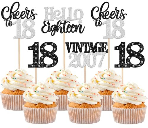 Xsstarmi 24 Pack 18th Birthday Cupcake Toppers Silver Glitter 18 Hello Eighteen Vintage 2007 Cupcake Picks Cheers to 18 Birthday Cake Decorations for 18 Fabulous Happy 18th Birrthday Party Supplies