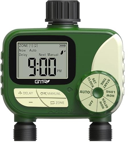 Ordenador de riego con 2 salidas, reloj de riego con retardo de lluvia, función manual/automática, reloj de riego con gran pantalla LCD para jardines