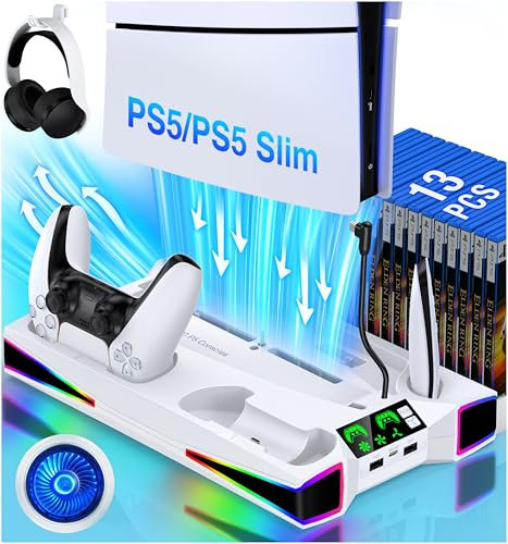 PS5/PS5 Slim Stand and Cooling Station with LED Controller Charging Station for Playstation 5 Console, 2H Fast PS5 Controller Charger, PS5 Accessories with 3 Levels Cooling Fan/Headset Holder