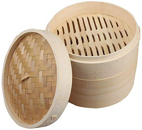 Cesta de vapor de bambú de 3 niveles con tapa, para albóndigas, verduras, pescado, arroz, 30 cm a 18 cm