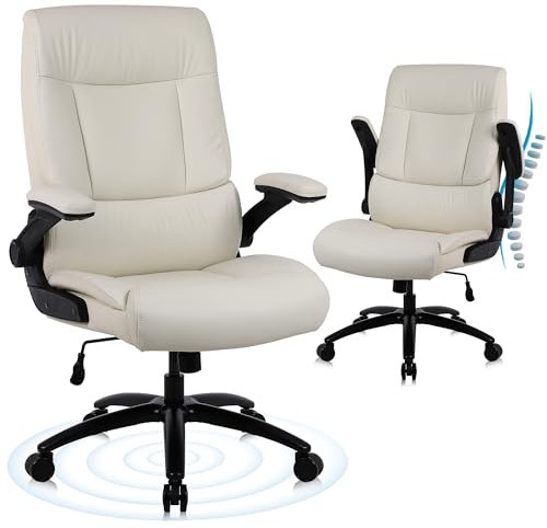 Youhauchair Bürostuhl 200kg für schwere Menschen, Chefsessel aus PU-Leder, Bürostuhl Ergonomisch mit hochklappbarer Armlehne, Schreibtischstuhl Office Chair für Home Office, Beige