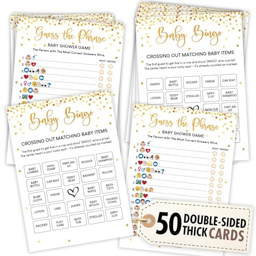 WOODAMORE Lustige Babyparty-Spiele für Jungen und Mädchen – lustige Raten Sie den Satz und Bingo-Karten für 50 Gäste, Babyparty-Ideen, geschlechtsneutrale Dekorationen