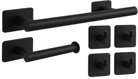 Set Accessori Bagno Nero Opaco Adesivi - Inox 304 - Porta Asciugamani, Porta rotolo,Ganci - Adesivo 3M VHB - Senza Fori - (6 Pezzi)
