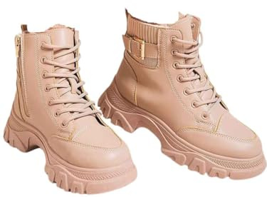 iKrush Faux Leather Beige Chunky Lace Up Platform Ankle Boots with Faux Fur Lining