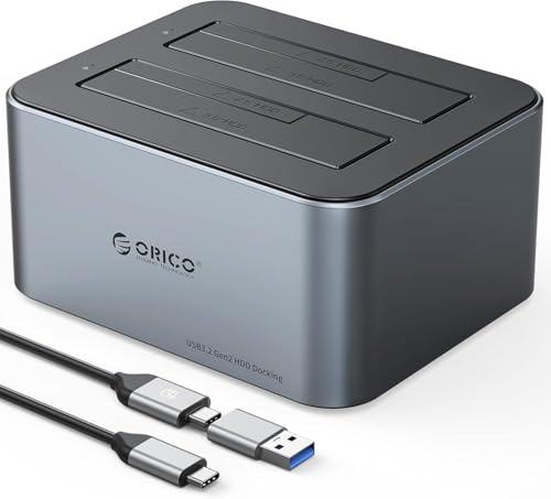 ORICO Docking Station Hard Disk per 2.5/3.5 pollici SSD/HDD, Alluminio Dual bay USB 3.2 Gen 2 Hard Drive Clone Docking Station, Supporta Clone Offline e UASP, 2 x 18 TB, con Alimentazione.