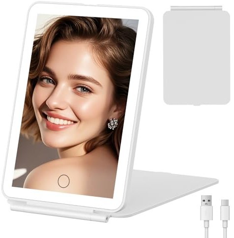 FUNTOUCH Rechargeable Portable Makeup Mirror with Led Lights | Lighted Travel Light up Beauty Mirror, 3 Color Lighting, Dimmable Touch Screen (White)
