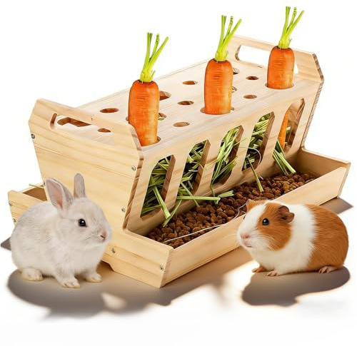 Große Heuraufe für Kaninchen & Meerschweinchen aus Holz, 30 × 22 × 18 cm Futterraufe mit Karottenhalter, unbehandeltes Naturholz, Heuraufe Kleintiere für Hasen, Hamster & Nager