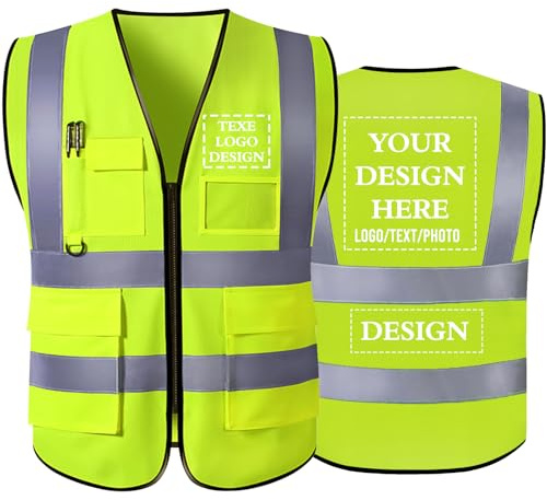 Meuvexa Personalisierte Warnweste mit Logo Text Personalisierbare Reflektierende Arbeitsweste mit Tasche Warnschutzweste für Herren (Größen S–5XL)
