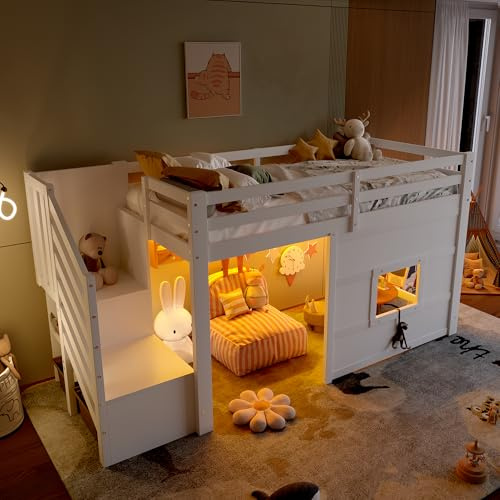 Yihomfy Lit Mezzanine Enfant 90x200 avec Escalier de Rangement, Cadre de Lit Enfant Fenêtre et Éclairage LED - Cadre de Lit en Bois Stable