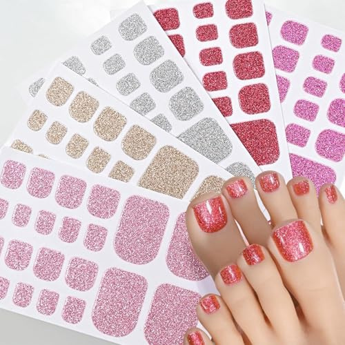 Radiella 5er Pack Nagelfolie für Fußnägel, Zehennägel zum Aufkleben Glitzer Rosa Lila Gold Silber, Selbstklebend Nagelaufkleber Künstliche Gelnägel Füße, Fußnägel Stickers Zum Aufkleben