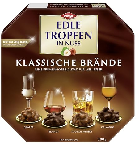 Edle Tropfen in Nuss Klassische Brände 200g, flüssig gefüllte Schokoladenpralinen mit Milchschokoladen-Überzug und knackigen Haselnuss-Splittern (Packung mit 6)