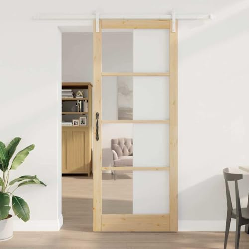 GeenYuu Puerta corredera ORKDAL Natural, 93 x 232 cm, madera maciza de pino y cristal, para interiores, puerta de madera con riel para salón, dormitorio, cocina, versátil, segura y ahorra espacio