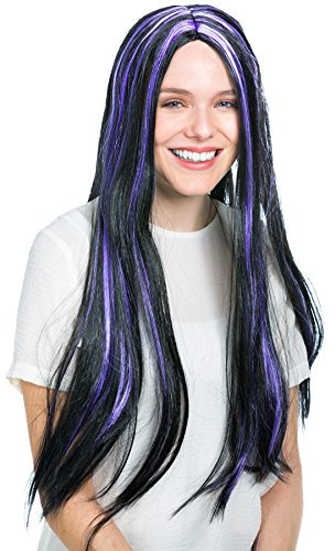 dressforfun Perücke Langhaar mit Strähnen | 65 cm | Halloween Fasching Hexe Vampir Gothic | -Diverse Farben- (Schwarz/Lila | Nr. 300731)