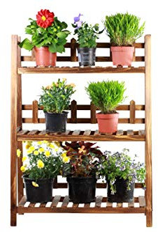 GOLDBEARUK Flower Steps - 3 tier Wooden Plant Ladder - Lightweight Wood with Trellis