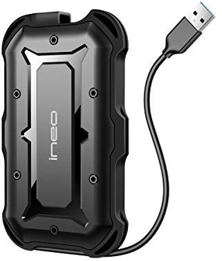 Externes Gehäuse | ineo | für 2,5“ SATA SSD/HDD | 6 Gbit/s USAP SATA I II III USB 3.2 Gen1 | Spritzwassergeschützt IP66 | Integriertes USB-Kabel | T2566-II
