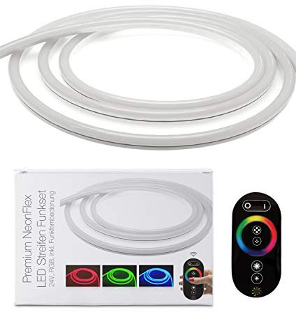 LED Universum 8 Meter Premium NeonFlex LED Streifen Funkset RGB mit Netzteil, Funkfernbedienung & Controller, IP65, 24 V, 12 W/m, 280 lm/m, für Innen- und Außenbereich