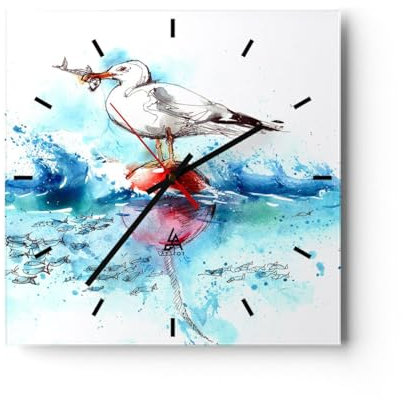 Modern Wanduhr Wasser Fische Möwe hungrig 30x30cm Quadrat Klein Wand Uhr Glas Analog Zimmeruhren Küche Büro Wohnzimmer Glasuhr Wall Clock Dekoration Design Wanddekoration Küchenuhr C3AC30x30-3047