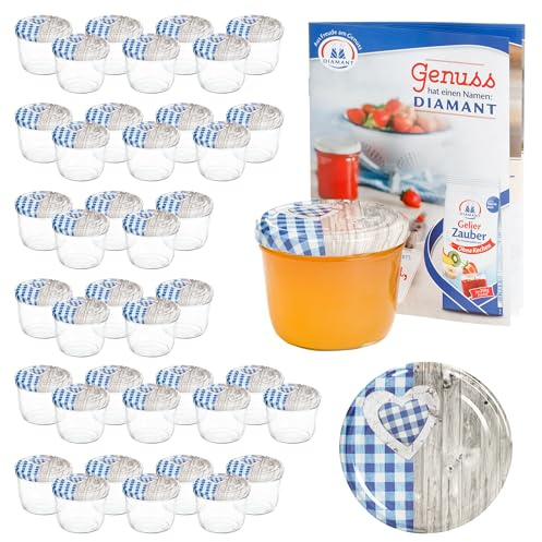 MamboCat 40er 230 ml Sturzglas-Set | Einmachgläser + Twist-Off-Deckel Holz-Herz blaukariert + GRATIS Rezeptheft | einkochen & konservieren | backofengeeignet