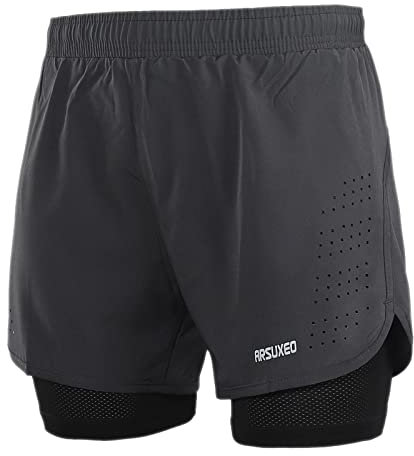 ARSUXEO Laufhose Herren Am Laufen Kurze Hose Gym Shorts mit Kompressionshose 2 in 1 Laufshorts für Fußball, Basketball oder das tägliche Leben B179 grau L
