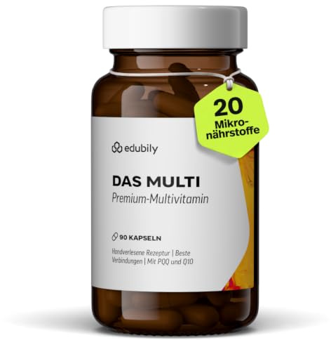 edubily® Das Multi - Multivitamin Kapseln als umfassende Mikronährstoff-Basis - mit 20 Mikronährstoffen, PQQ & Q10 - ohne unnötige Zusätze - 1 Kapsel täglich (90 Kapseln mit Iod)
