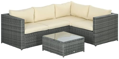 Outsunny 3 Pieces PE Rattan Garden Furniture Set with 10 cm Thick Cushions, 4 Seater Garden Corner Sofa Set with Glass Top Coffee Table, Outdoor Furniture for Patio, Porch, Beige