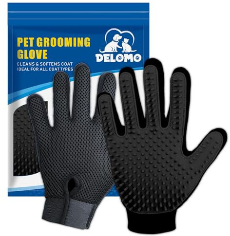 DELOMO Gants de Toilettage pour Animaux - Brosses Douces pour Chats - Gants Efficaces pour Éliminer les Poils - Gants de Bain pour Chiens à Poils Longs et Courts & Chats & Chevaux - 1 Paire (Noir)