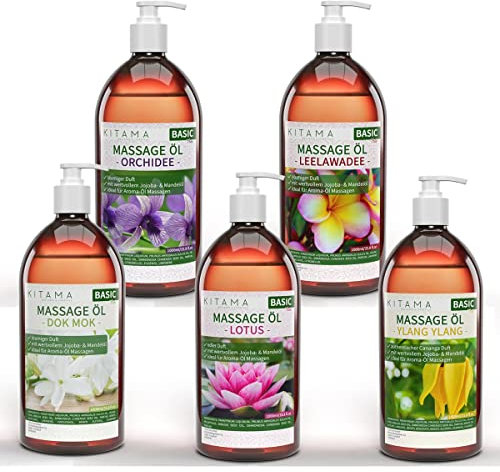 Kitama Massageöl Thai Aroma Set 5 x 1000ml - Aroma Dok Mok, Leelawadee, Orchidee, Lotus & Ylang Ylang - Aroma-Öl Haut-Öl Pflege-Öl
