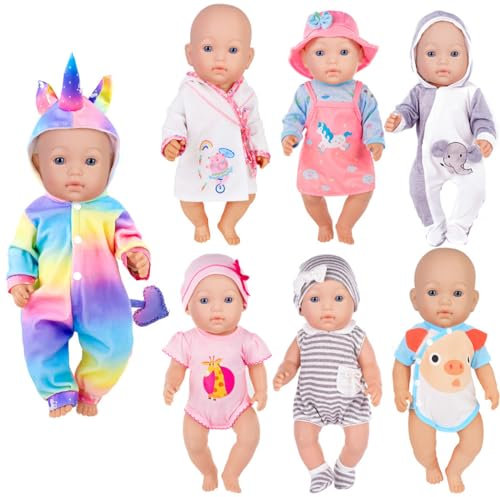 ebuddy 7 Sätze Puppenkleidungszubehör für 43 cm / 17 Zoll Neugeborene Babypuppen umfassen Strampler im Cartoon-Stil, Kleid, Nachthemd und Hut